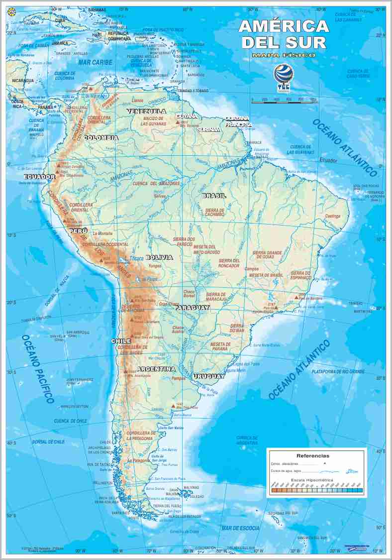 Mapa de América del Sur Físico